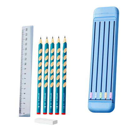 Trousse à crayons rigide avec crayons et règle