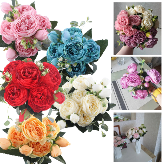Bouquet de fleurs artificielles en soie, pivoines et roses