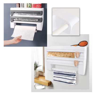 Support mural 4-en-1 pour film étirable et papier essuie-tout