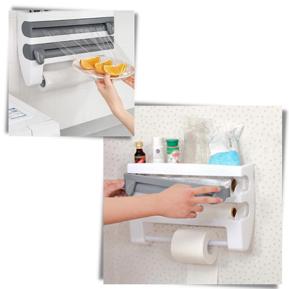 Support mural 4-en-1 pour film étirable et papier essuie-tout